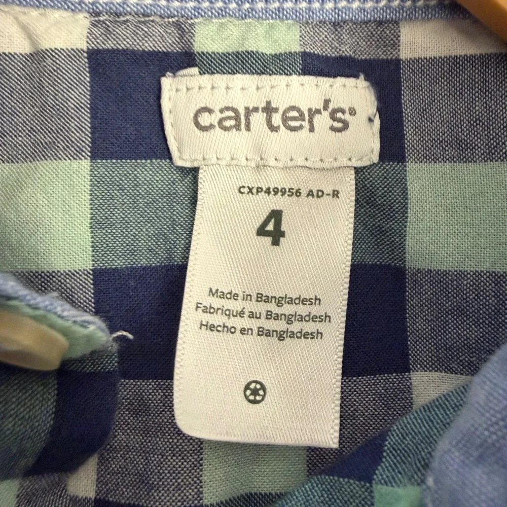 Carters Boys Navy Blue Mint Green Gingham Plaid Button Down Shirt Size 4